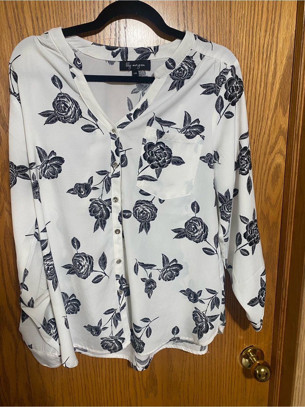 Women's White Button-Down Shirt with Black Floral Print
